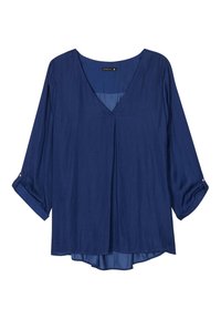 Blusa blu morbida con scollo a V, maniche a 3/4 arrotolabili e orlo curvo. Realizzata in tessuto leggero con una leggera lucentezza.