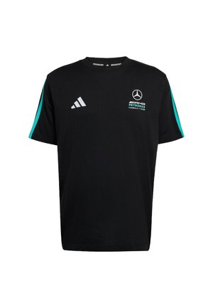 Zwart katoenen T-shirt met aqua kleurige zijstrepen, wit Adidas-logo en Mercedes AMG Petronas-merk op de borst. Standaard ronde hals.