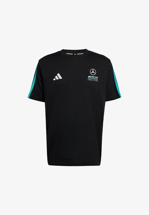 Zwart katoenen T-shirt met aqua kleurige zijstrepen, wit Adidas-logo en Mercedes AMG Petronas-merk op de borst. Standaard ronde hals.