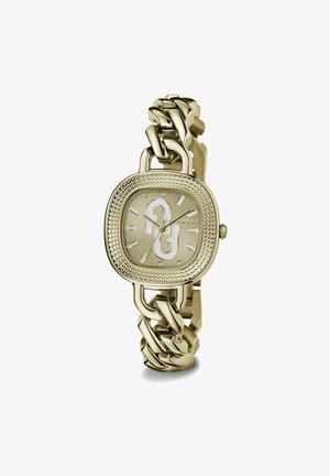 Reloj de muñeca de metal dorado con una esfera cuadrada, bisel texturizado y una pulsera de eslabones gruesos; cuenta con una esfera dorada clara con acentos blancos.