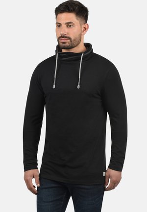 Black long-sleeve tunic with a cowl neck and drawstring, made of soft fabric; features a slim fit and a small logo tag on the hem.
