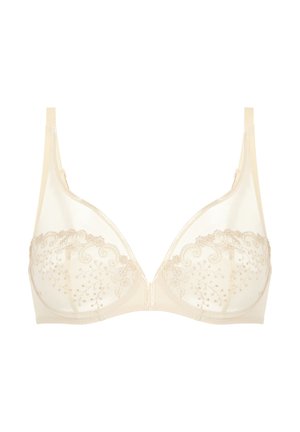 Beige bra with sheer material, delicate gold embroidery on the cups, and adjustable straps. Underwire design for support.