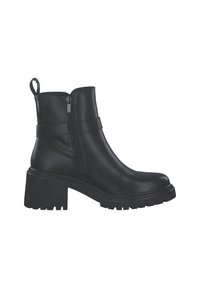 Black leather ankle boots with a side zipper, chunky sole, and textured accents, featuring a pull tab at the back for easy wear.