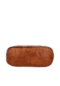 Rectangular brown leather bag with woven trim along the top edge, shown from the bottom side with visible stitching.