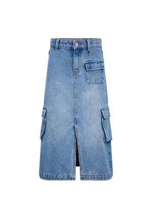 Denim midi-jurk in lichtblauw, met cargozakken op de zijkanten, een split aan de voorkant en een klassieke tailleband met riemlussen.