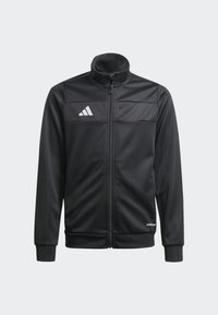 Svart zip-up jacka gjord av slät tyg, med hög krage, vitt Adidas-logotyp på bröstet och ribbade ärmslut.