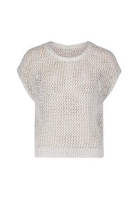 Witte gebreide top met een losse, cropped pasvorm, brede halslijn en korte mouwen. De textuur is open met een netpatroon.