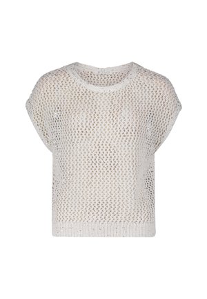 Witte gebreide top met een losse, cropped pasvorm, brede halslijn en korte mouwen. De textuur is open met een netpatroon.