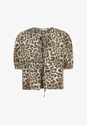 Blusa de manga corta con estampado de leopardo y escote redondeado, que cuenta con un cierre de lazo y un tejido suave y texturizado en tonos beige y negro.