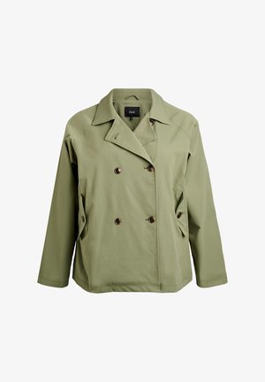 Oliven grøn dobbeltbrystet jakke med bred krave, sidelommer og brune knapdetaljer; lavet af glat stof og løstsiddende design.