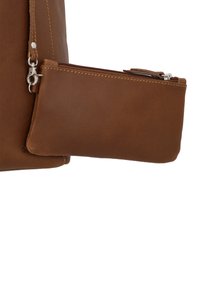 Brown leather handbag with a zippered wallet attached, featuring a smooth texture, visible stitching, and silver hardware accents.
