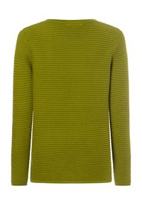 Langärmliges, grünes Oberteil mit strukturiertem Design und Rippenmuster, kragenlos und einfarbig gehalten. Geeignet für lässige Outfits.