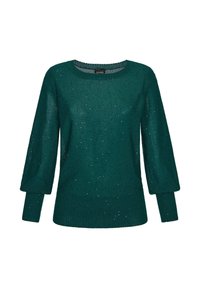 Türkiser Strickpullover mit 3/4-Ärmeln, strukturiertem Oberflächen mit Glitzerakzenten sowie einem gerippten Saum und Bündchen.