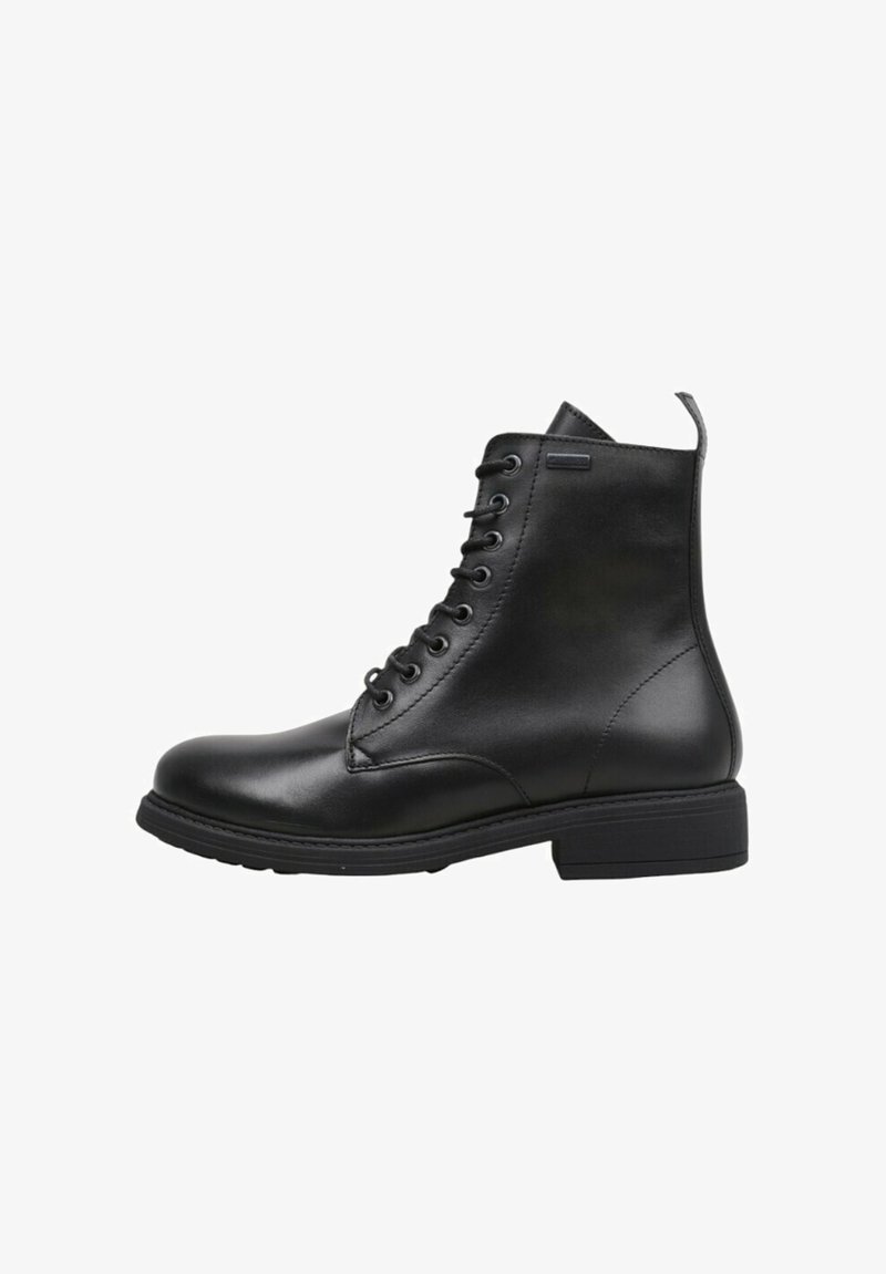Black leather ankle boots with lace-up closure, rounded toe, and textured sole. Features a tag detail on the side and a flat block heel.