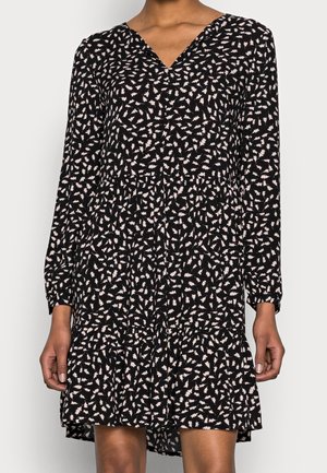 Schwarzes Kleid mit langen Ärmeln, V-Ausschnitt und ausgestelltem Rock. Mit einem rosa Blumendruck und strukturiertem Stoff.