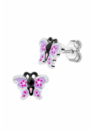 Boucles d'oreilles clous en argent en forme de papillons avec des ailes violettes, des points roses, et des détails du corps en noir et rose.