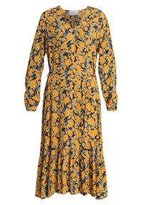 Vestido de manga larga con un patrón floral en amarillo y azul, hecho de una tela suave con falda de volantes y un cinturón en la cintura.