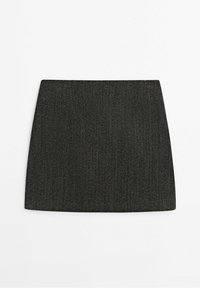 Black skirt made of textured fabric featuring a herringbone pattern. It has a straight cut and is knee-length with a smooth waistband.