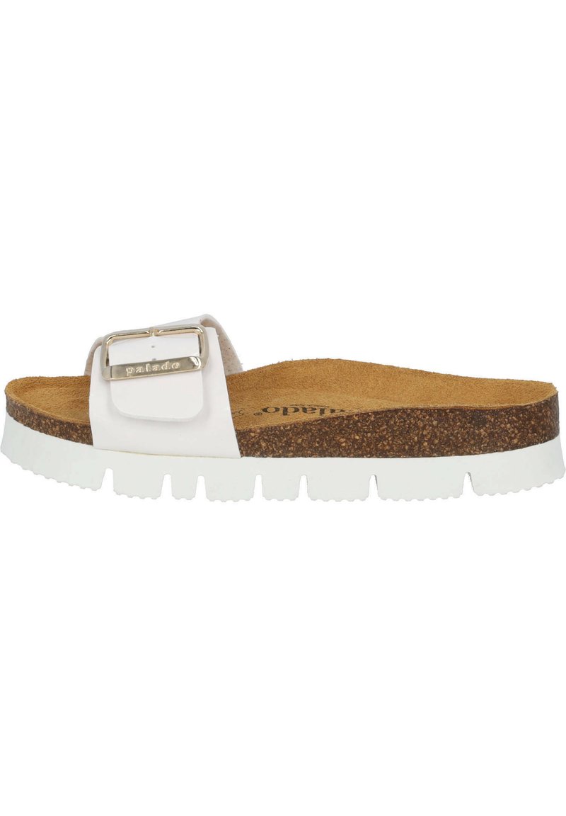 White slide sandal with a textured cork footbed, a thick white rubber sole, and a wide strap featuring a metal buckle detail.