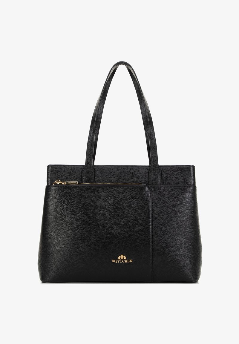 Zwarte leren tote bag met een gestructureerde oppervlakte, dubbele handgrepen en een voorvak met rits. Voorzien van gouden hardware en een logo accent.