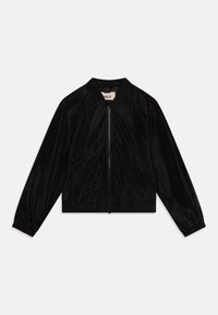 Veste bomber légère noire avec des manches longues, des poignets élastiques, une fermeture éclair à l'avant, des poches latérales et un col et un ourlet côtelés.