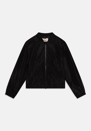 Veste bomber légère noire avec des manches longues, des poignets élastiques, une fermeture éclair à l'avant, des poches latérales et un col et un ourlet côtelés.