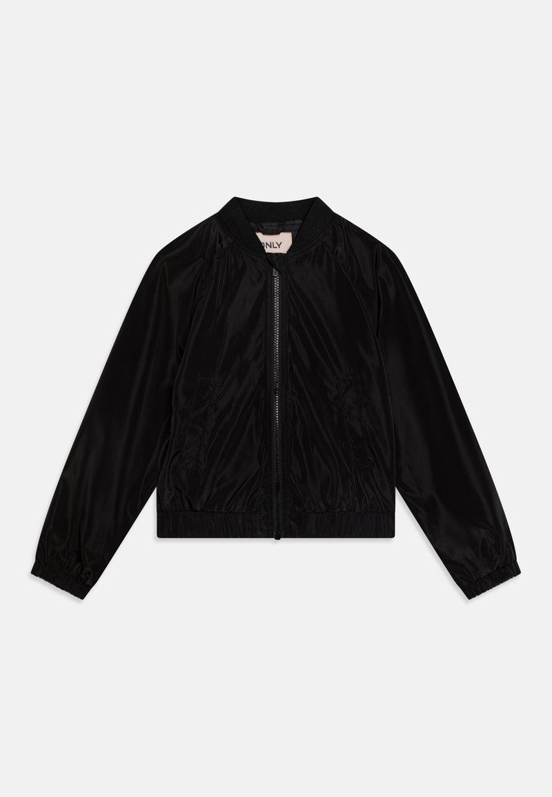 Veste bomber légère noire avec des manches longues, des poignets élastiques, une fermeture éclair à l'avant, des poches latérales et un col et un ourlet côtelés.