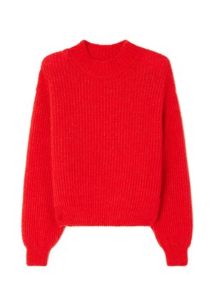 Red knit sweater featuring a ribbed texture, round neckline, and long sleeves, with a slightly cropped fit and elasticized cuffs.