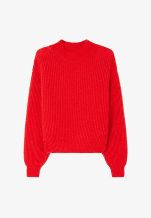 Sarkans adīts džemperis ar ribotu tekstūru, apaļu dekoltē, garām piedurknēm, ar nedaudz saīsinātu piegriezumu un elastīgām aprocēm.