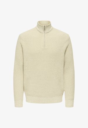 Beige knitted pullover sweater with a half-zip high collar and ribbed cuffs and hem, shown on a white background.