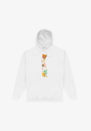 Hvid hættetrøje med et centralt farverigt grafisk motiv af tegneserie-dyr mod en hvid baggrund. Inkluderer kænguru, bjørn og sky-motiver.