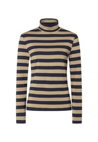 Beiger Rollkragenpullover mit langen Ärmeln und navyblauen horizontalen Streifen. Hergestellt aus glattem Material mit engem Schnitt und minimalen Nähten.