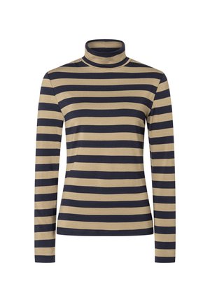 Turtleneck shirt met lange mouwen in beige en marineblauwe horizontale strepen. Gemaakt van gladde stof met een strakke pasvorm en minimale naden.
