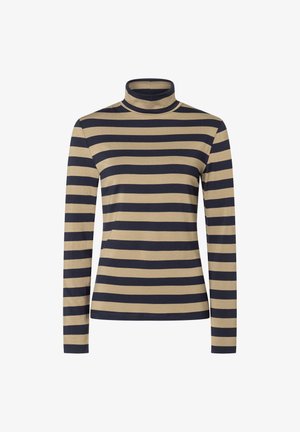 Turtleneck long-sleeve shirt in beige and navy blue horizontal stripes. Made of smooth fabric with a snug fit and minimal seams.