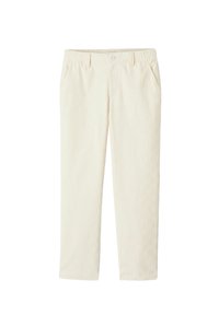 Pantalon en coton couleur crème avec une surface texturée, jambes droites, taille élastique et poches latérales. Fermeture par bouton à la taille.