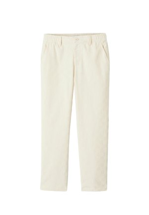 Pantalon en coton couleur crème avec une surface texturée, jambes droites, taille élastique et poches latérales. Fermeture par bouton à la taille.