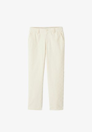 Pantalon en coton couleur crème avec une surface texturée, jambes droites, taille élastique et poches latérales. Fermeture par bouton à la taille.
