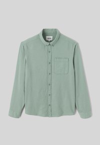 Chemise boutonnée vert clair en tissu texturé. Dotée d'un col pointu et d'une poche poitrine, avec une coupe régulière et des manches longues.
