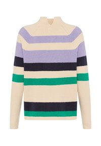 Gestreifter Pullover mit hohem Kragen, der horizontale Streifen in Lavendel, Creme, Marineblau und Grün zeigt; weiche Textur und gerippte Bündchen.