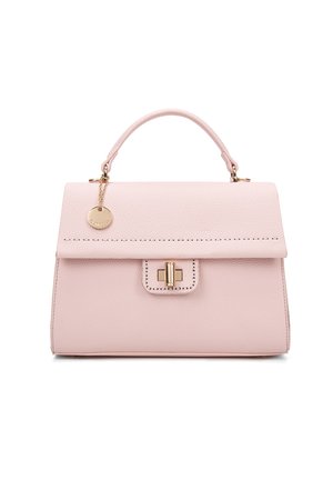 Borsa a tracolla in pelle rosa con design strutturato, manico superiore, chiusura a morsetto, hardware dorato e dettagli di cucitura lungo i bordi.