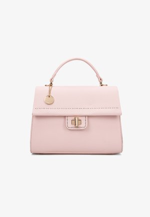 Roze leren handtas met een gestructureerd ontwerp, bovenhandvat, sluiting met klem, gouden accenten en stiksel langs de randen.