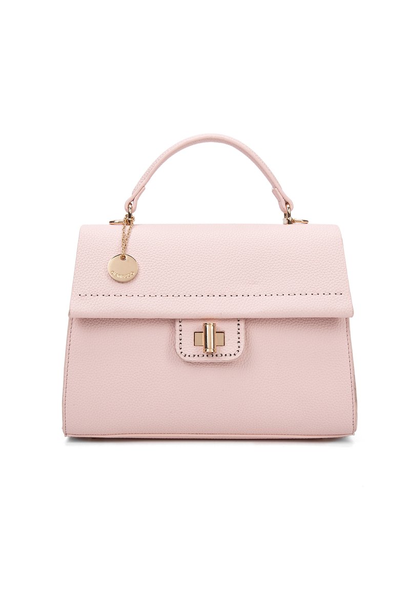 Borsa a tracolla in pelle rosa con design strutturato, manico superiore, chiusura a morsetto, hardware dorato e dettagli di cucitura lungo i bordi.