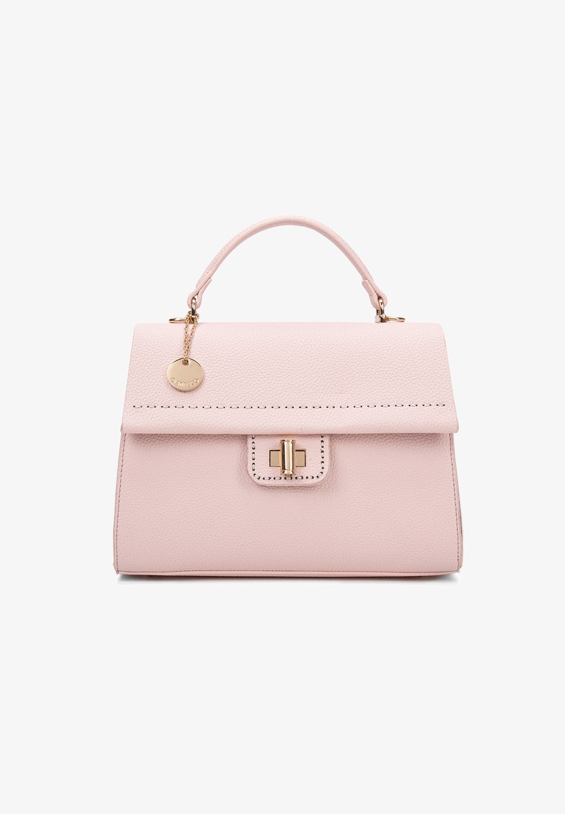 Roze leren handtas met een gestructureerd ontwerp, bovenhandvat, sluiting met klem, gouden accenten en stiksel langs de randen.