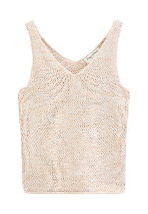 Débardeur en maille beige sans manches avec col en V et une étiquette de marque visible à l'intérieur dans le haut du dos.