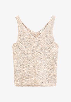 Mouwloze beige gebreide tanktop met V-hals en een zichtbaar merkembleem aan de binnenkant bovenaan de rug.