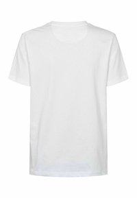 T-shirt uni blanc à manches courtes avec col rond, vu de dos, avec une texture de tissu lisse.