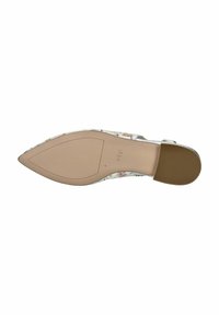 Scarpa basse a punta con motivo floreale, presenta un esterno liscio, una palette di colori chiari e una suola in gomma beige.