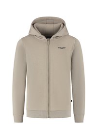 Beige rits-capuchontrui met capuchon, geribbelde manchetten en zoom, en klein 'BALLIN'' logo op de linkerborst.