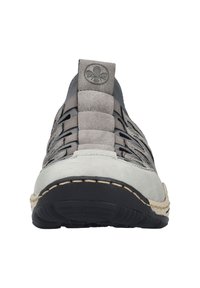 Gray suede multicolored shoe with a textured surface, rubber sole, and elastic lacing system; features a logo on the back.