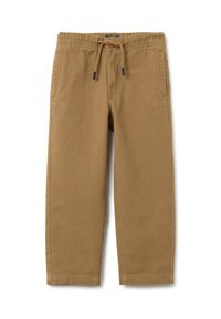 Bruine katoenen broek met een elastische tailleband, trekkoordsluiting en zijzakken. Recht model met een gladde afwerking.